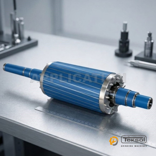 OD grinding of motor rotor with blue highlighted grinding area using CNC cylindrical grinding machine