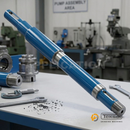 OD grinding of submersible pump shaft with blue highlighted grinding area using NC cylindrical grinding machine