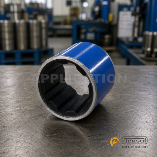 Centreless grinding of rubber bush, PU bush, carbon bush outer diameter with blue highlighted grinding area