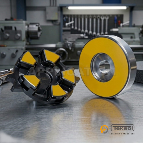 Surface grinding of thrust pad using CNC internal grinding machine with yellow highlighted grinding area